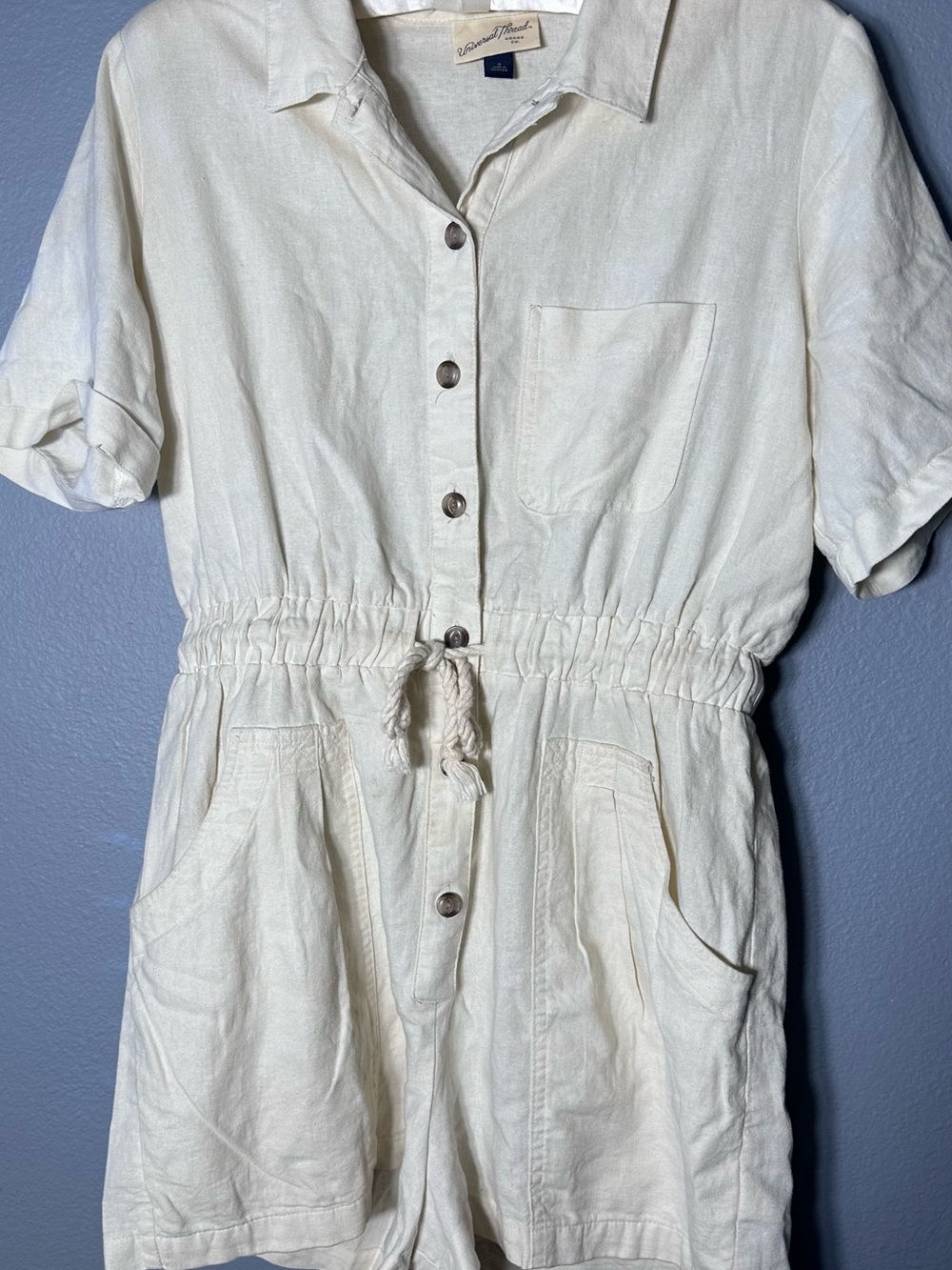 Universal Thread Cream Button-Front Drawstring One-Piece Romper